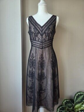LOFT Black Nude Embroidered Mesh Beaded Midi Cocktail Dress Size 4